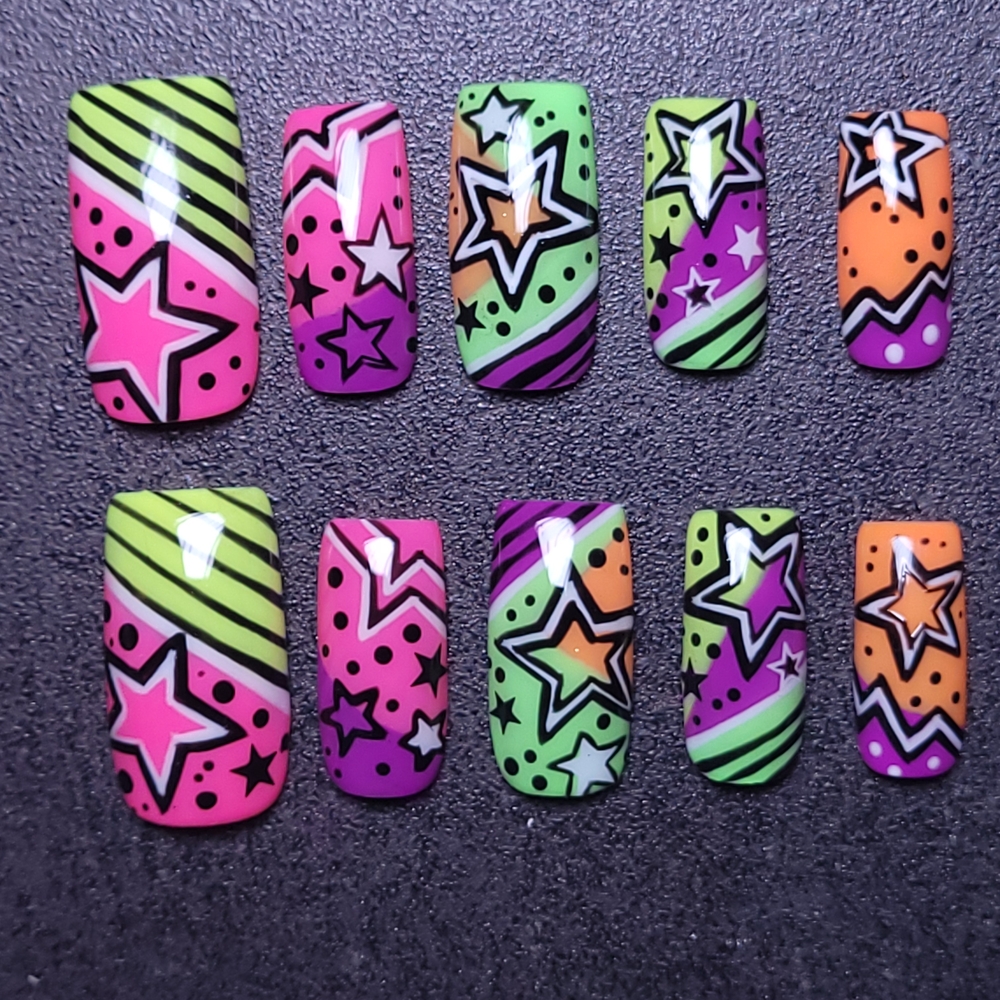 Colorful Star Patterned Nail Set Size Large 10 Pc Set